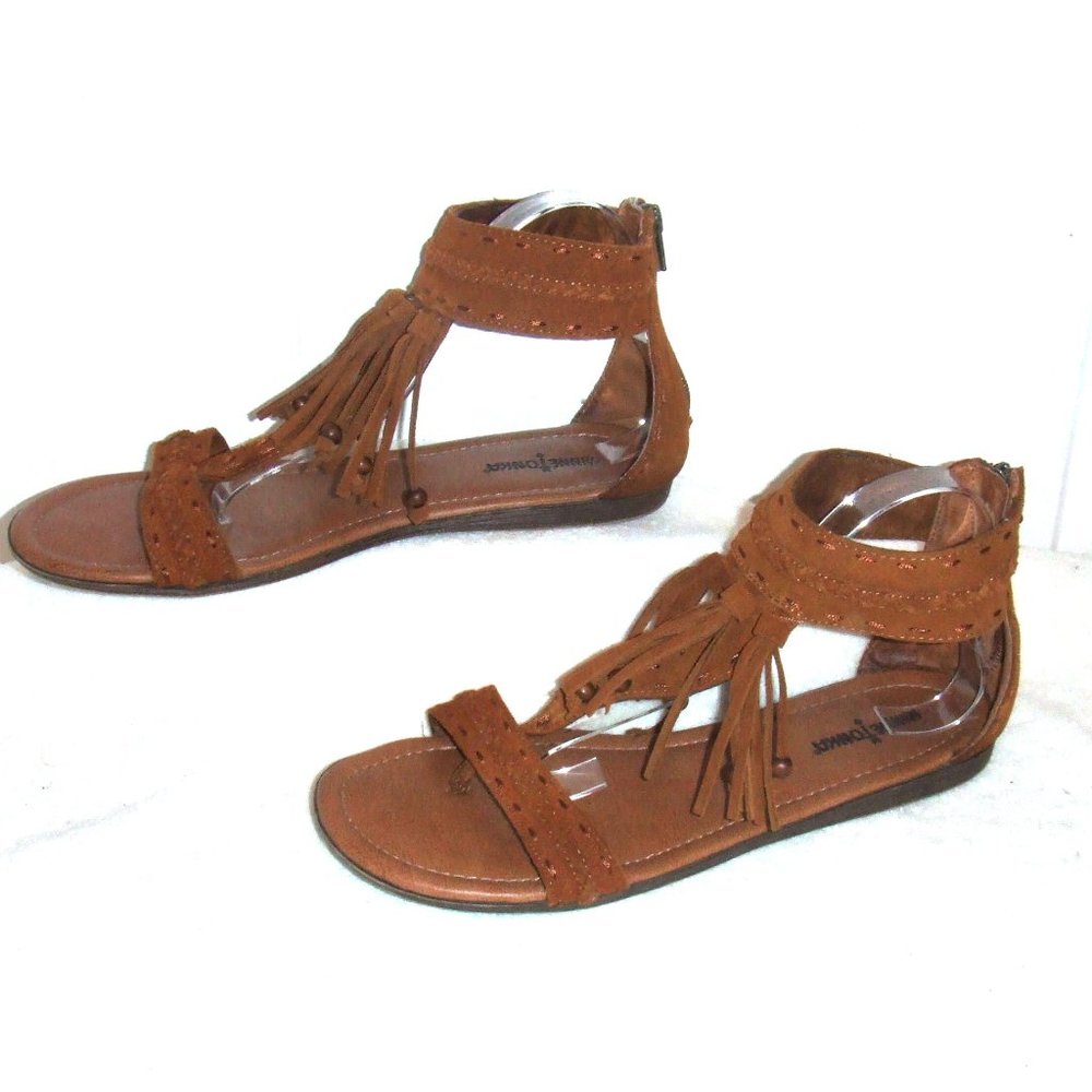 11 Minnetonka Belize Brown Suede Leather Tassel Front Gladiator Flat Sandals